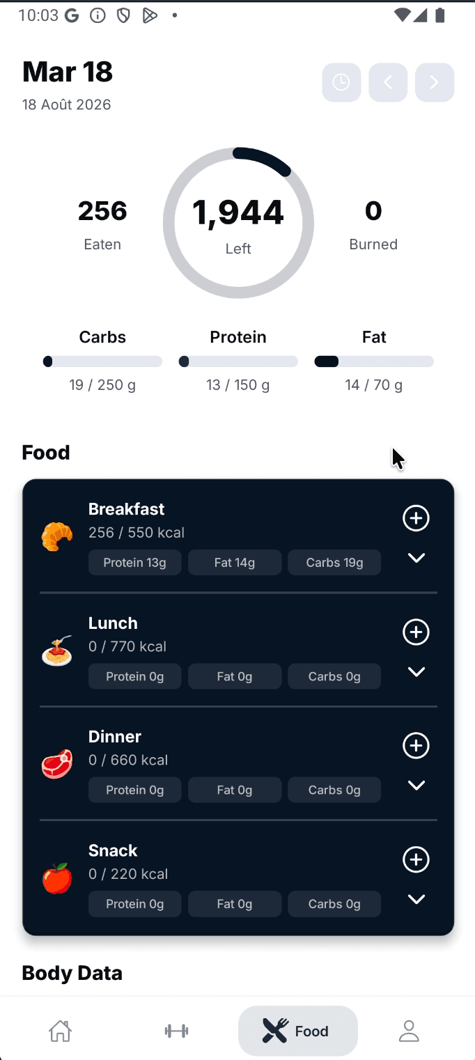 La journée alimentaire : calories consommées, restantes et brûlées, la répartition glucides-protéines-lipides, puis les quatre repas