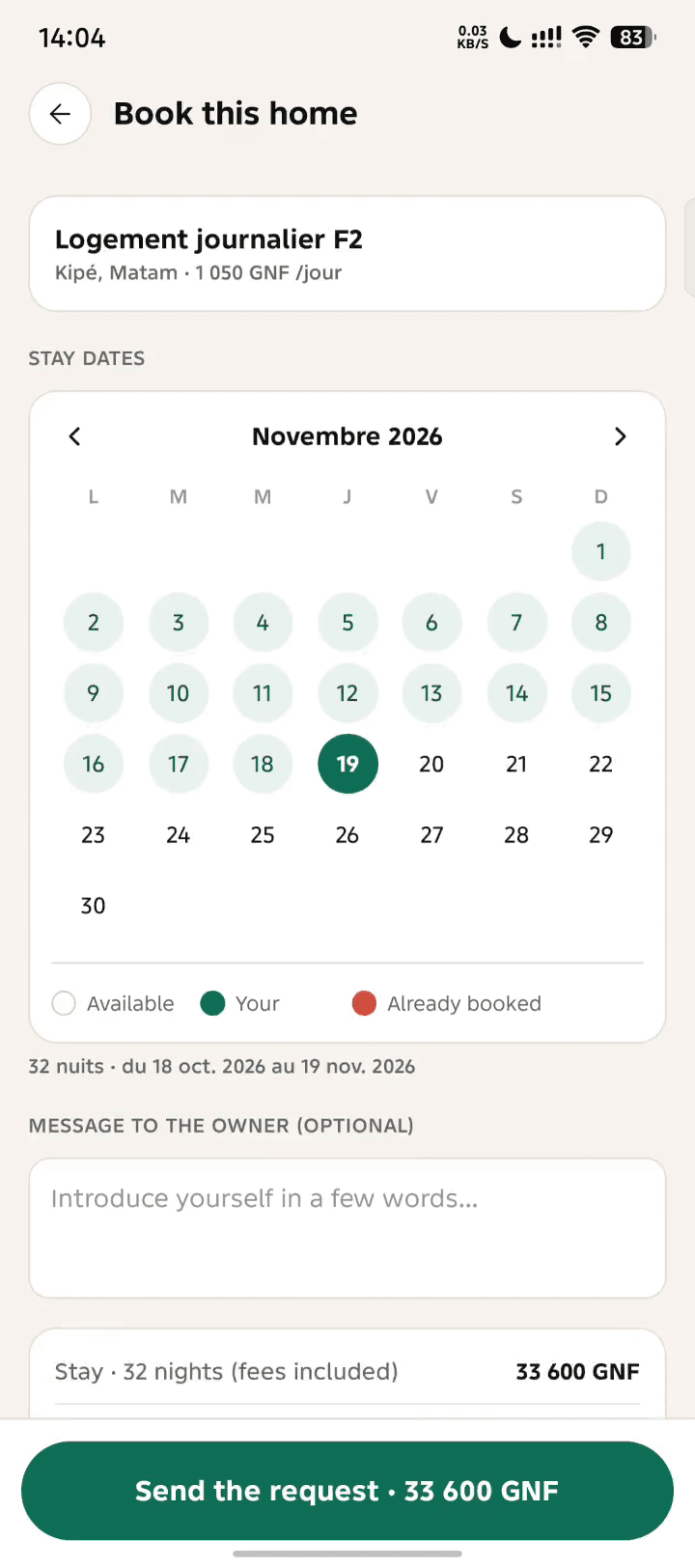 La réservation d’un logement : calendrier des dates, total du séjour et rappel que l’argent reste en séquestre jusqu’à l’entrée dans les lieux