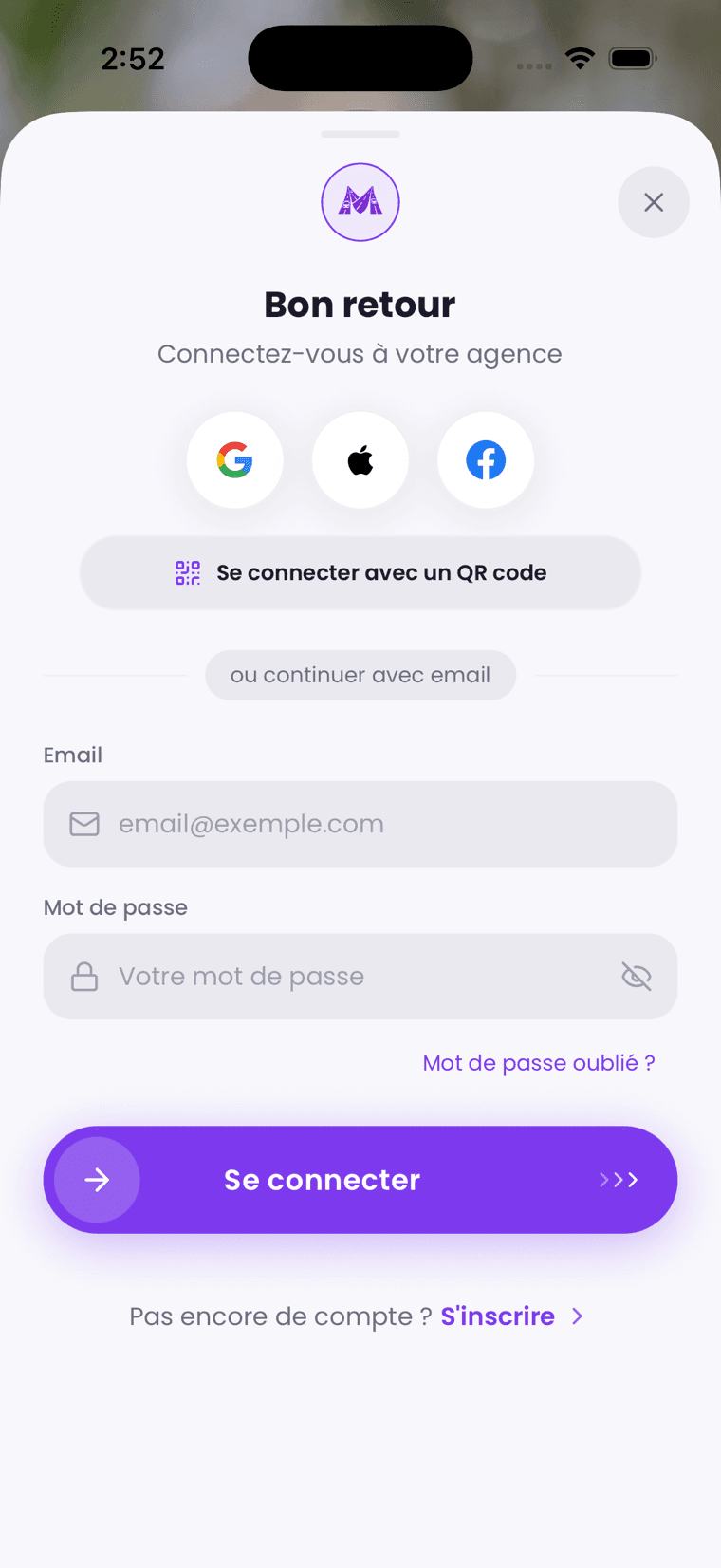 La connexion à l’app agence, par courriel ou par QR code