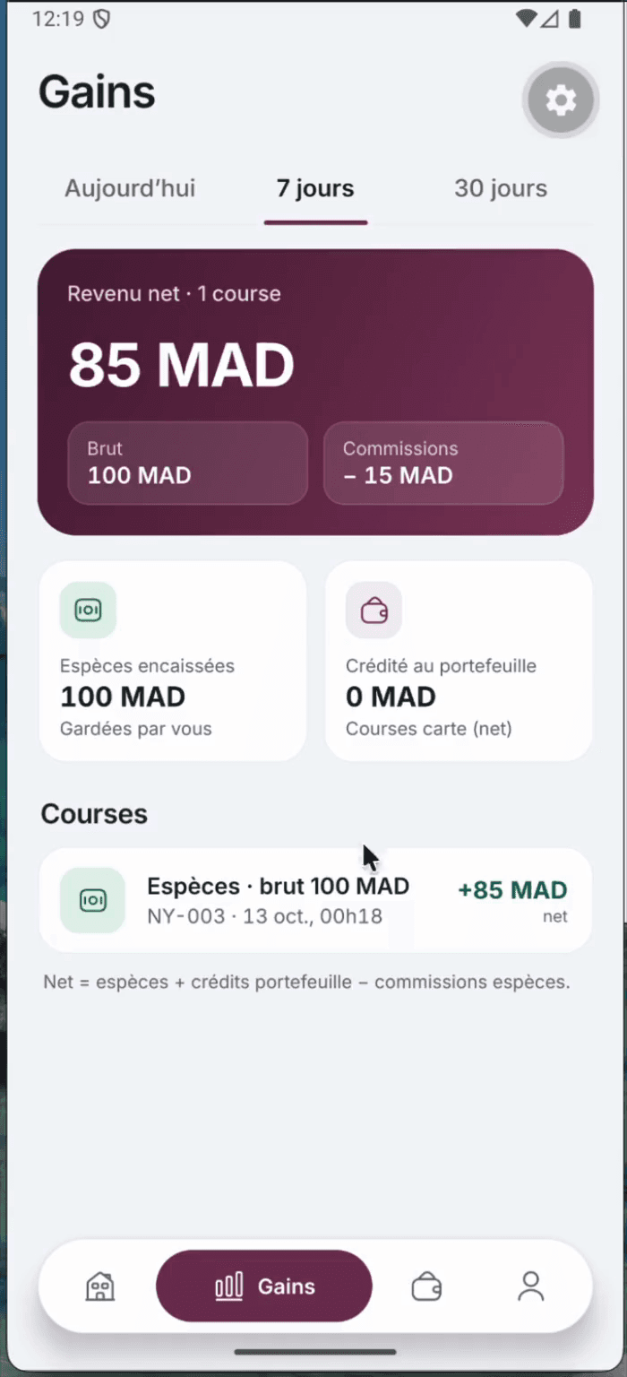 Les gains de la chauffeuse : revenu net, commission, espèces encaissées et détail par course