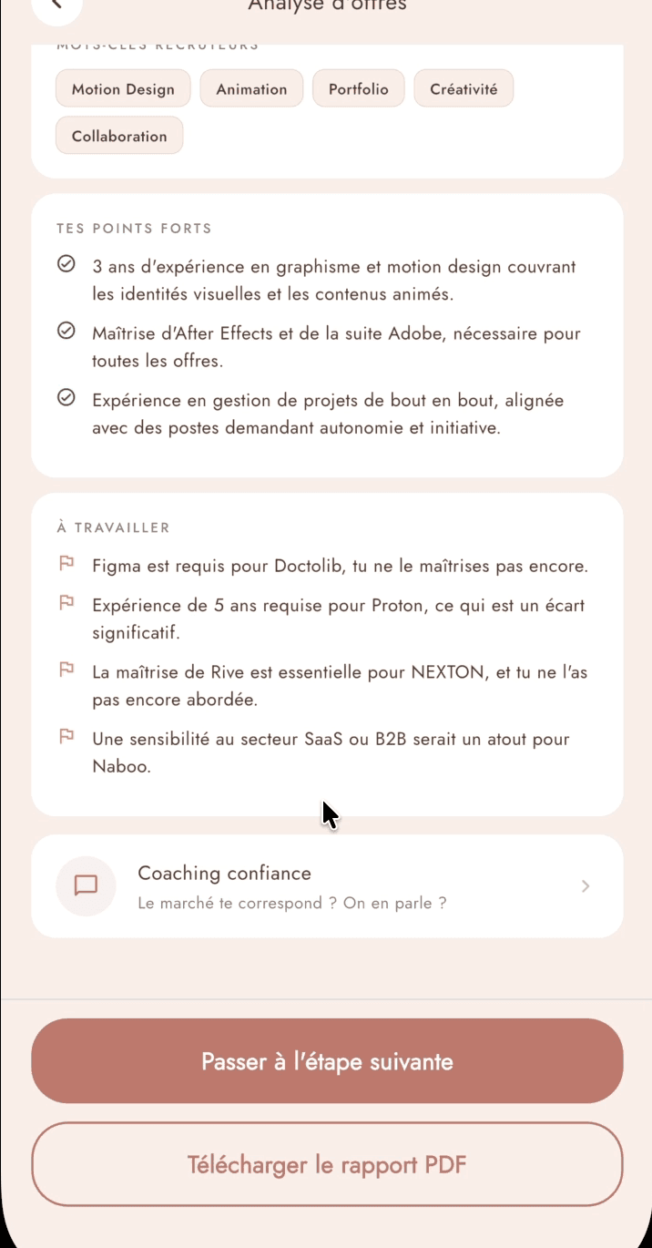 L’analyse d’une offre d’emploi : les points forts face au poste, puis ce qui reste à travailler, nommé offre par offre