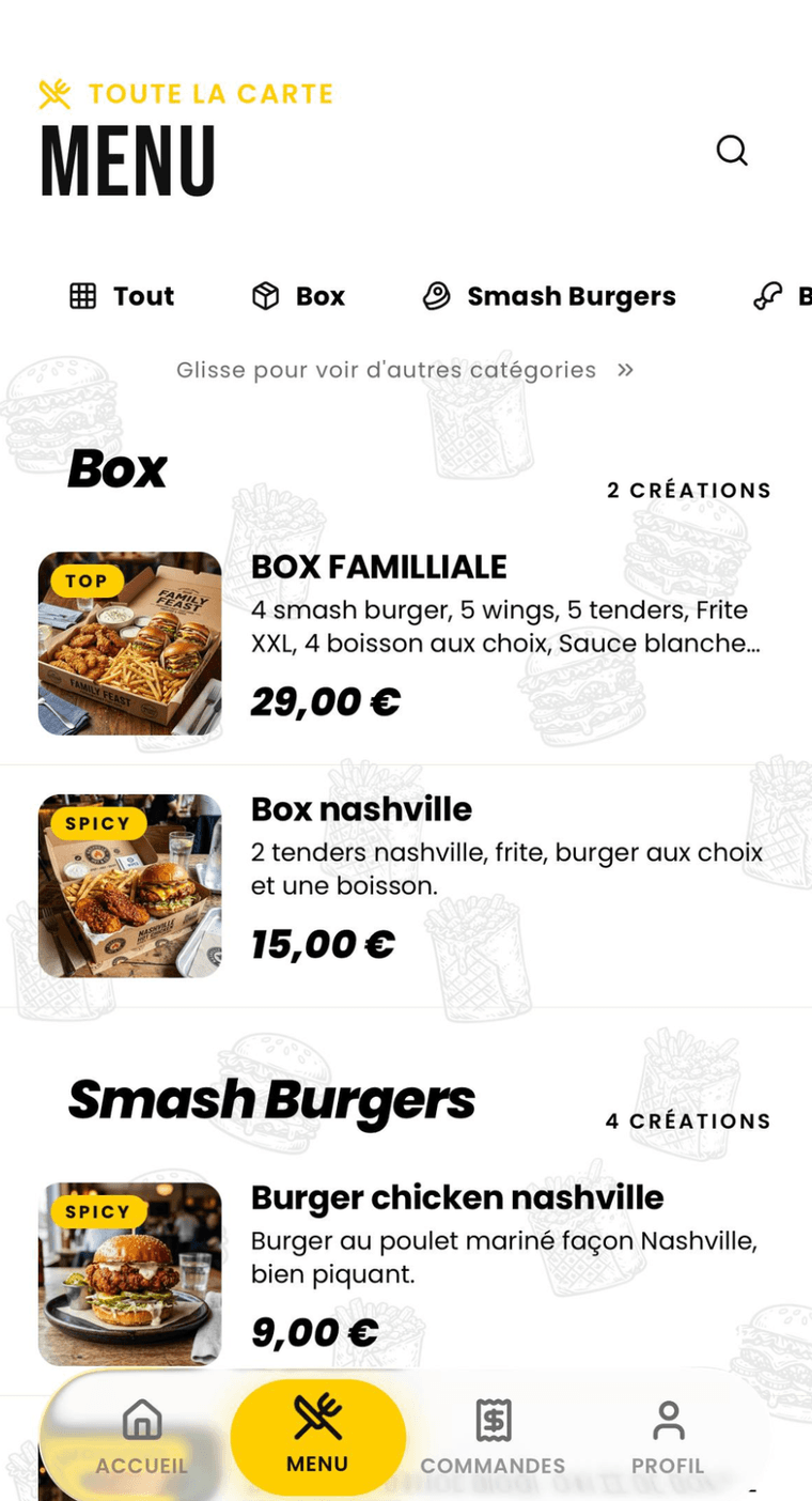 La carte du restaurant dans l’app : catégories Box et Smash Burgers, chaque plat avec sa photo, sa description et son prix