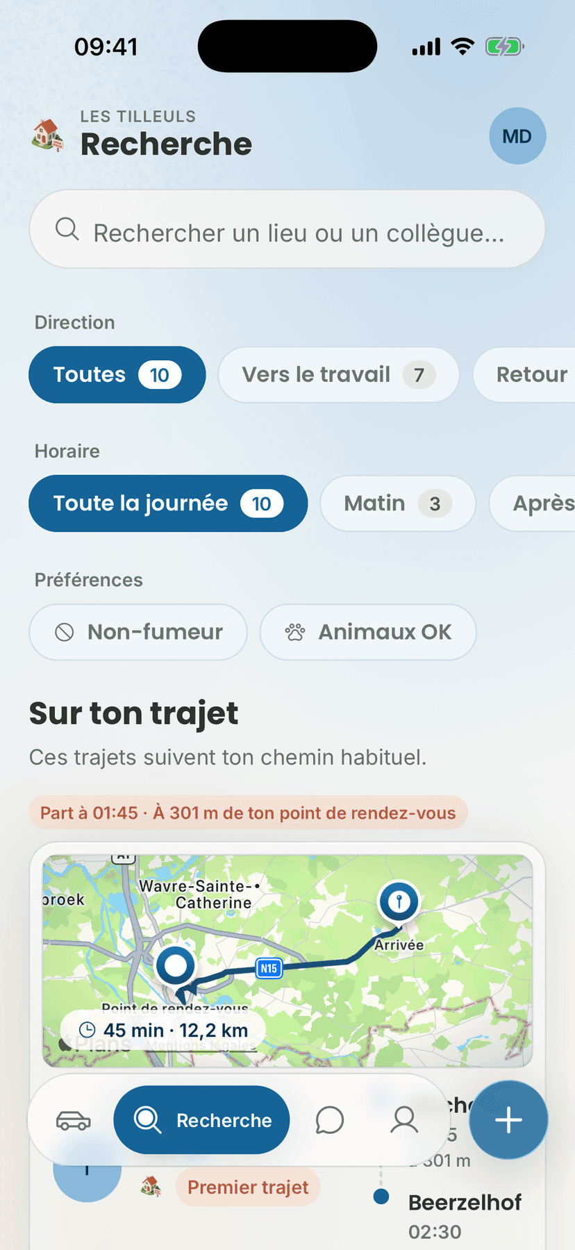 La recherche : direction, créneau et préférences en filtres comptés, puis « Sur ton trajet » avec la distance au point de rendez-vous
