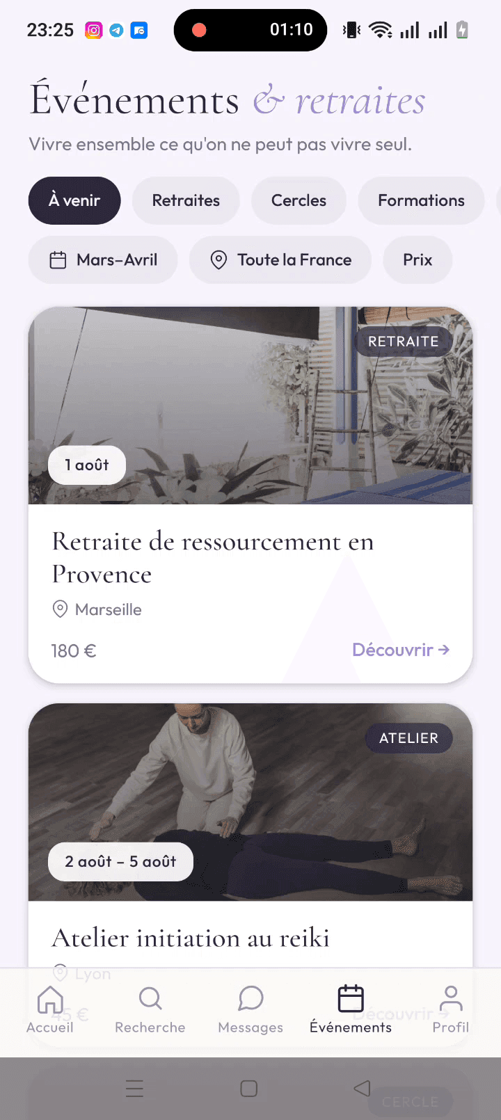 Les événements et retraites : filtres par type, par période, par région et par prix, puis les séjours et ateliers datés