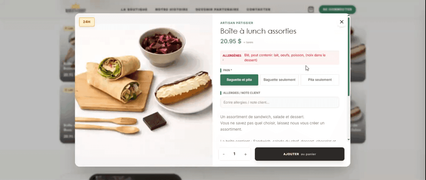 Une fiche produit : prix, allergènes, choix de pain et note d’allergies laissée par le client