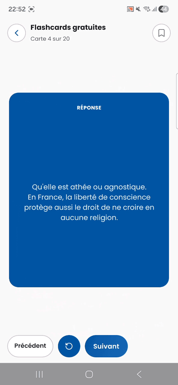 Une flashcard retournée sur sa face réponse, carte 4 sur 20 des flashcards gratuites