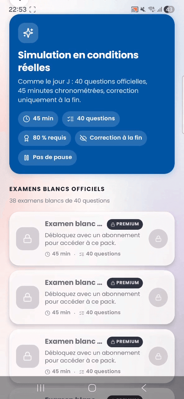 La simulation en conditions réelles : 45 minutes, 40 questions, 80 % requis, correction à la fin, pas de pause — puis le catalogue des examens blancs