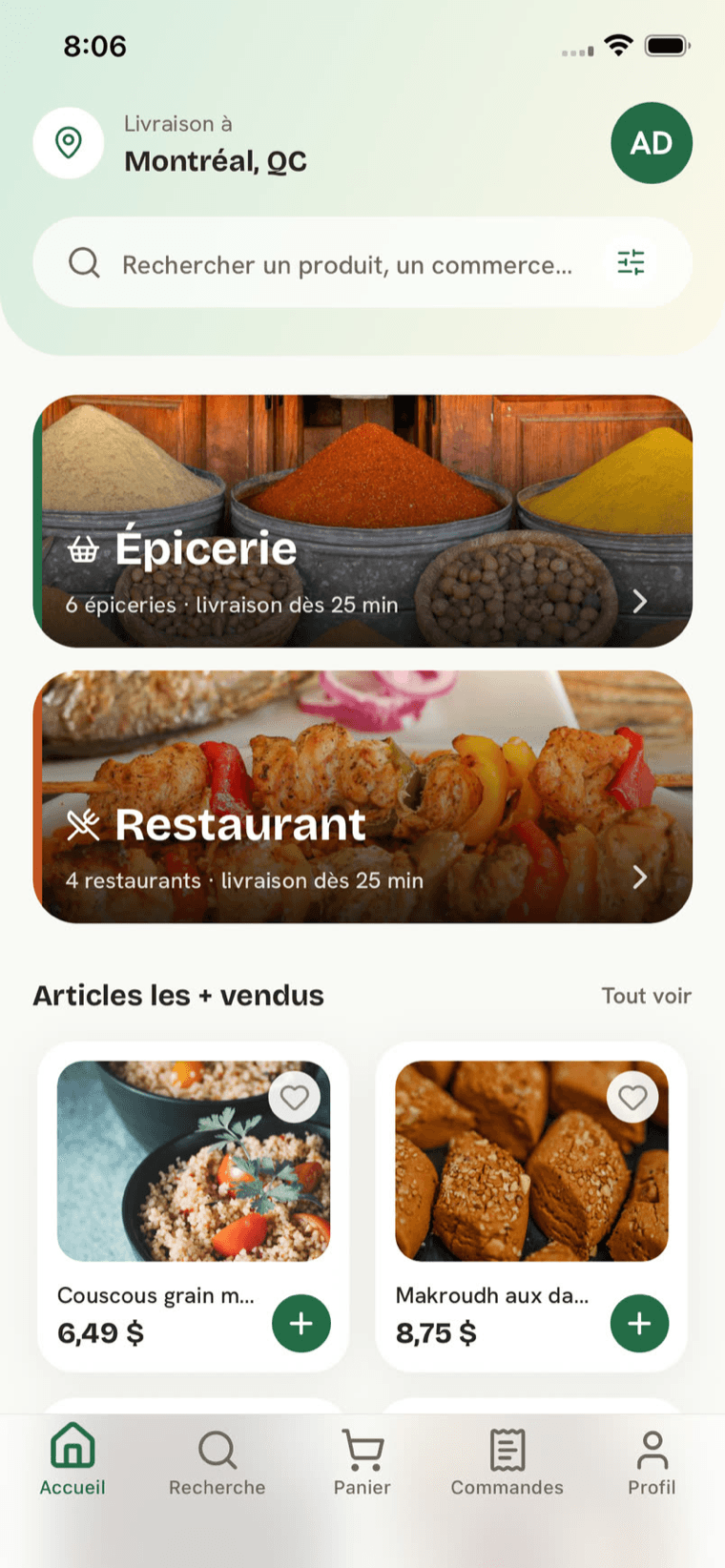 L’accueil de l’app client : livraison à Montréal, recherche, rayons Épicerie et Restaurant, articles les plus vendus