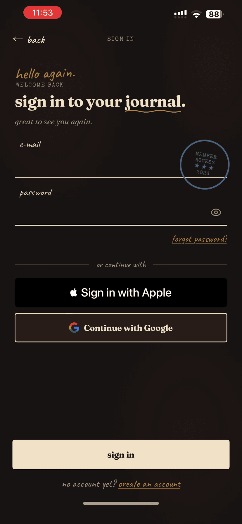 L’écran de connexion : « hello again — sign in to your journal », avec Apple et Google