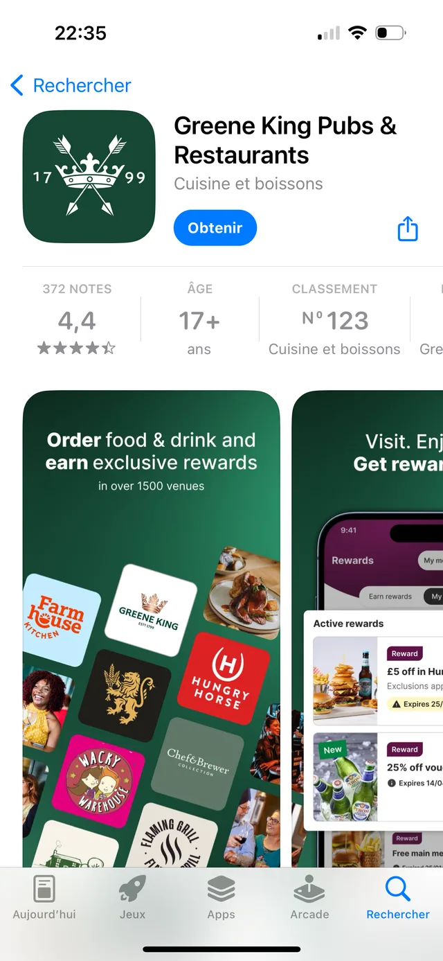 Fiche App Store de l'application Greene King Pubs & Restaurants