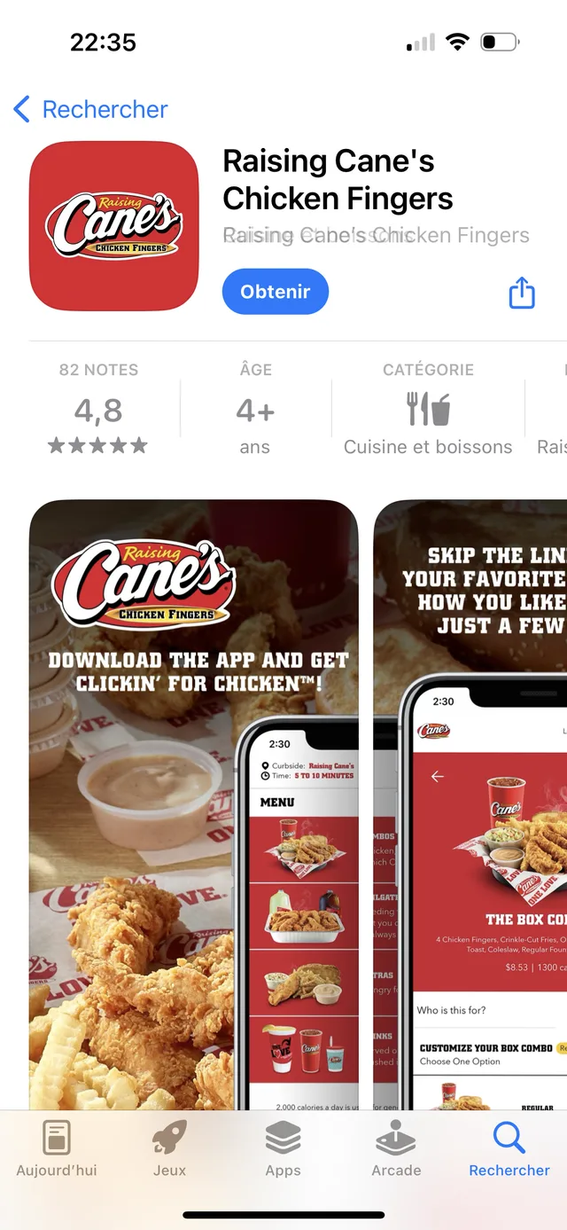 Fiche App Store de l'application Raising Cane's